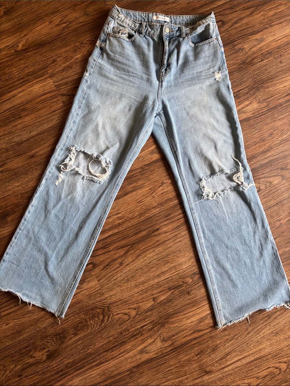 Zenana High Rise Distressed Straight Leg Jeans Light Wash Ripped Frayed Hem 28